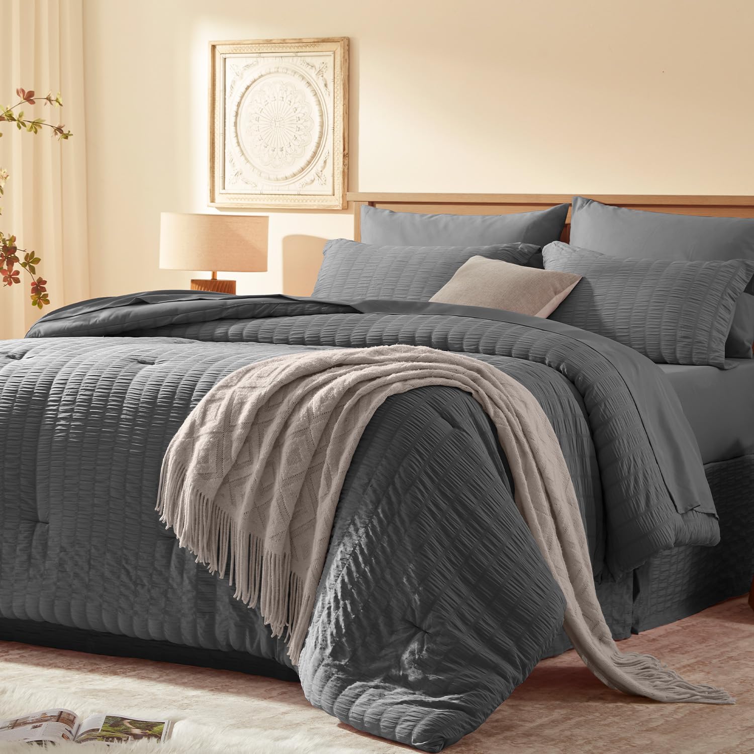 Laojin Balhen Queen Comforter Set 8 Pieces, Seersucker Bed In A Bag Queen, Dark Grey Comforter With Sheets, Comforters Queen Siz